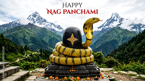 Serene mountain landscape with a sacred serpent sculpture honoring a spiritual festival evoking a sense of peace and devotion amidst nature s grandeur perfect for cultural or religious
