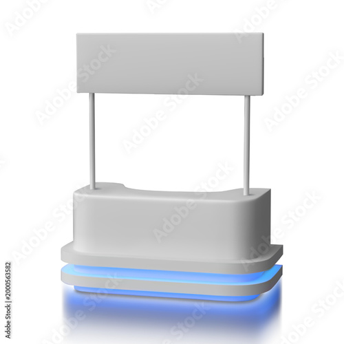 Advertising promo booth stand, service desk vector realistic 3D mockup, presentation kiosk signboard, led illumination