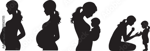 Collection of three silhouettes representing stages of motherhood from pregnancy to nursing newborn and walking with toddler showing journey of parenthood and family life. Pregnancy to Child Care  