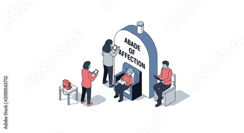 Isometric illustration of a family gathering around an elderly person.