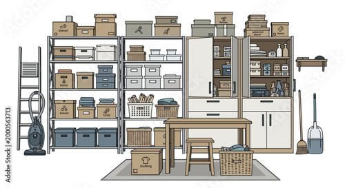 Neat storage room organization featuring tall metal racks with labeled boxes, work table, vacuum cleaner, and cleaning supplies.