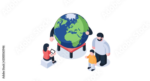 Isometric illustration of a family interacting with a globe, representing global connection.