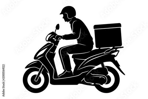 Delivery person riding scooter with insulated delivery box for food or packages editable vector silhouette