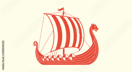 Viking Longship Drakkar Illustration with Dragon Head and Striped Sail Norse Ship Vector Graphic