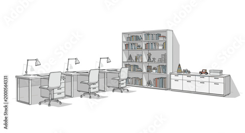 Collaborative office space setup featuring long desks with multiple workstations, desk lamps, and a shared library storage wall unit.