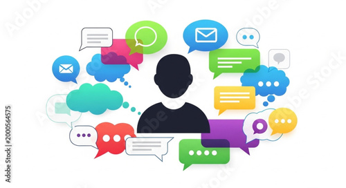 Man surrounded by chat bubbles.