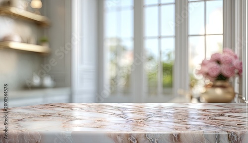 A blurred interior scene features a marble tabletop with a window view and floral arrangement.