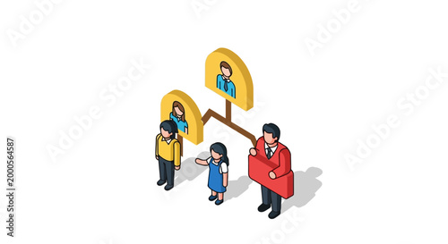 Isometric illustration of a family tree with people and icons.