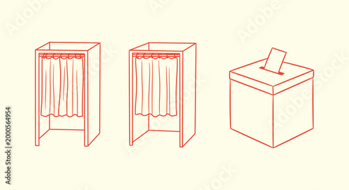 Cuadro en lienzo Red line art drawing of two voting booths and a ballot box for democratic elections and politics