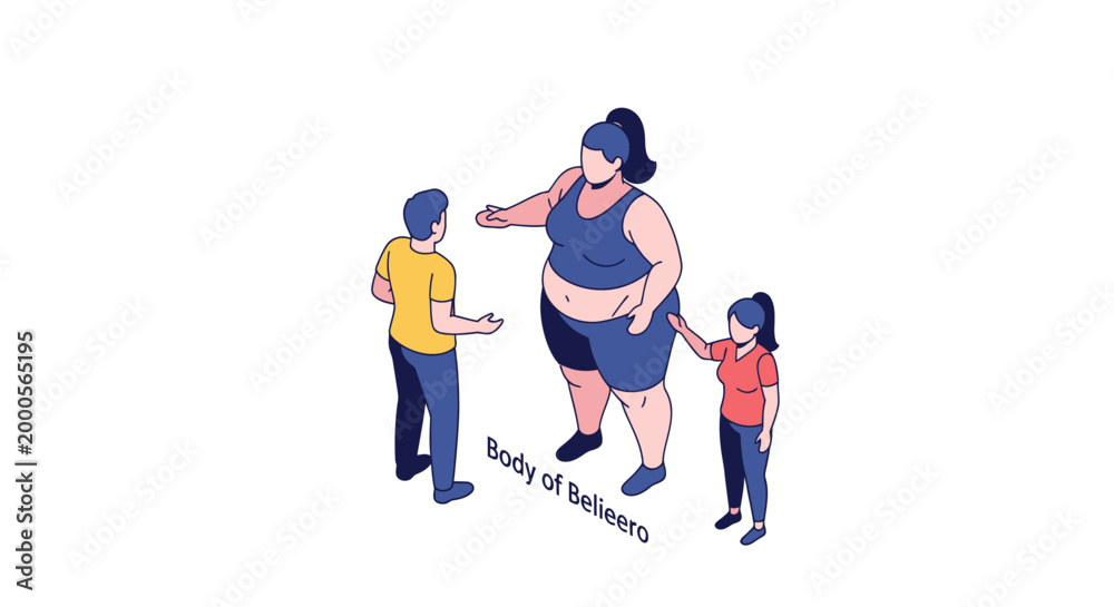 Fototapeta premium Isometric illustration of a family with an overweight woman.