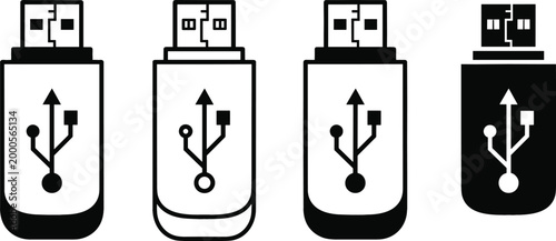 USB Flash Drive Icon Set with Data Storage Devices and Connection Symbols in Modern Minimal Black and White Vector Style for Technology Design