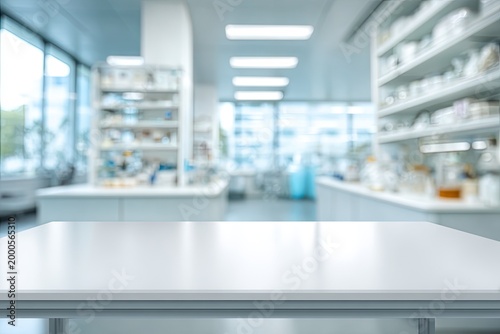 A blurred laboratory setting features a clean, white countertop in the foreground.