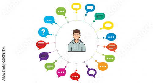 Man Surrounded by Speech Bubbles.