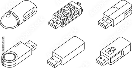 USB flash drive illustrations with multiple design variations for technology vector projects