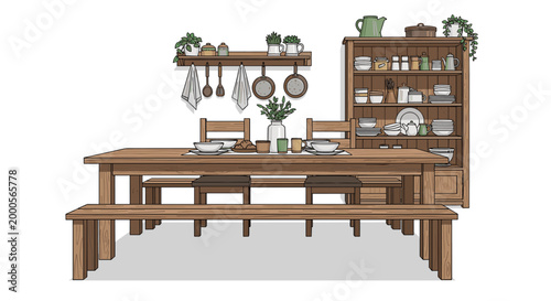 Traditional rustic dining room featuring long wooden table with benches, wall shelf with pans, and large hutch for dishware.