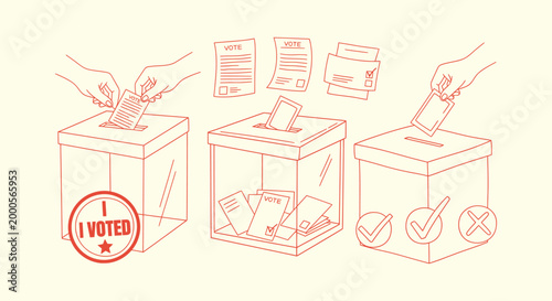Hand casting vote into ballot box illustration for election concept with I voted sticker design