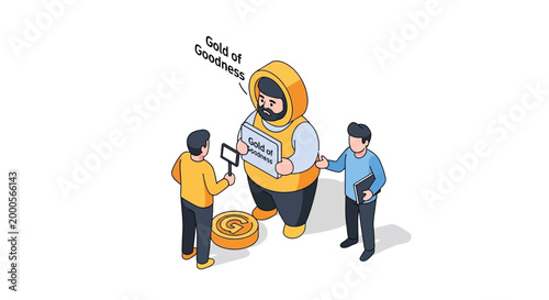 Isometric Illustration of a Generous Figure with Two Assistants.