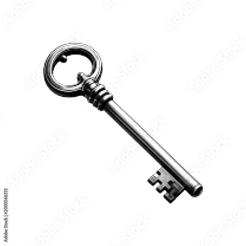 Foto Vintage key in monochrome halftone style, dotted texture illustration of antique skeleton key, classic lock symbol isolated on white background