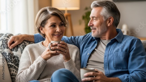 Warm and inviting senior couple with silver hair, comfortably seated on a patterned grey sofa in a bright, naturally lit living room, sharing a tender moment while holding steaming mugs and engaging
