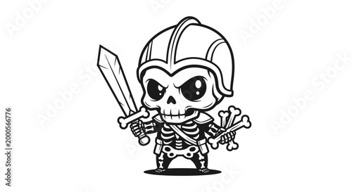 Skeleton wearing a helmet and holding sword.