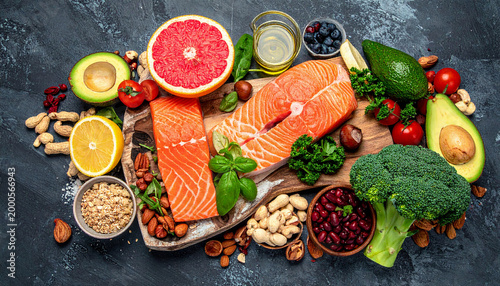 Healthy food clean eating background. Balanced diet food concept.