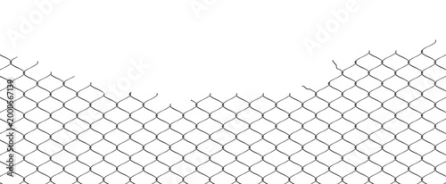 Broken wire net fence vector realistic illustration, steel torn chain link fence, destroyed wire grid, lattice enclosure