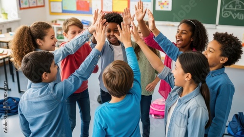 Joyful and diverse elementary school children, radiating enthusiasm and camaraderie, are captured in a vibrant, candid photograph as they enthusiastically participate in a celebratory high-five circle