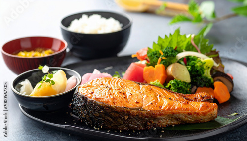 Grilled salmon, Japanese breakfast