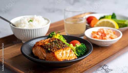 Grilled salmon, Japanese breakfast