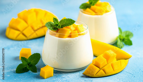Italian dessert panna cotta decorated with fresh mango