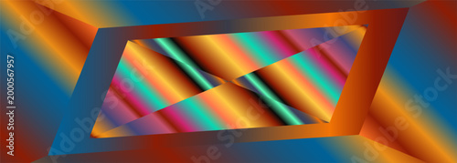 Framed diagonal chromatic ribbon window, geometric gradient abstract background with floating orange bezel, layered teal planes, reflective stripe core, deep perspective and bold retro tech mood