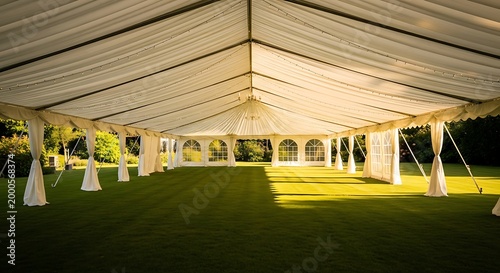 Spacious white marquee tent set up on a lush green lawn for an outdoor event or celebration, bathed in warm sunlight.