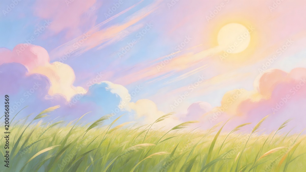 Fototapeta premium Sunlit grassy field with colorful sky