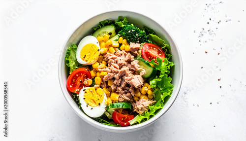 Tuna salad with egg, vegetables and corn in a white bowl