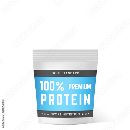 White zip bag, plastic bag with blue label Premium protein, sport nutrition 3D vector mockup stand up pouch package