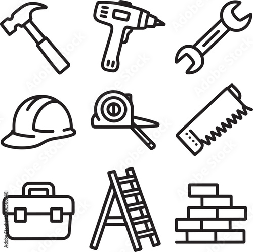 Construction tools and equipment icons set hammer drill wrench safety helmet tape measure with white