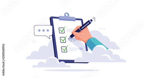 Hand checking off items on a clipboard checklist surrounded by soft clouds and a speech bubble representing completed tasks and goals.