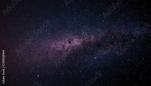 Wide panoramic shot of the milky way galaxy stretching across a dark night sky filled with countless stars and purple cosmic dust