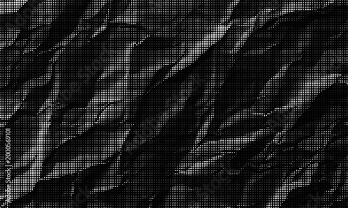 Halftone Dark Crumpled Paper Texture Background. High-Contrast Creased Paper Surface. Charcoal Wrinkled Paper Overlay.