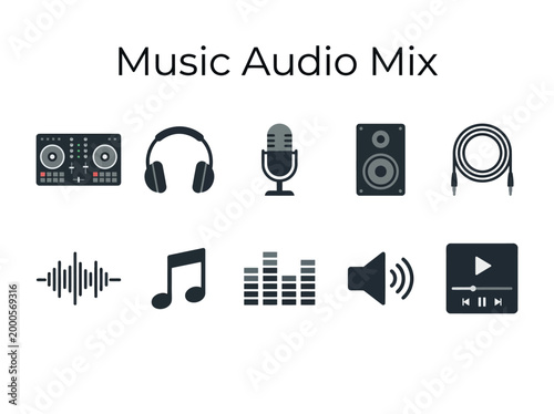 DJ Mixer Headphone Microphone Speaker and Audio Playback Symbols for Music Production