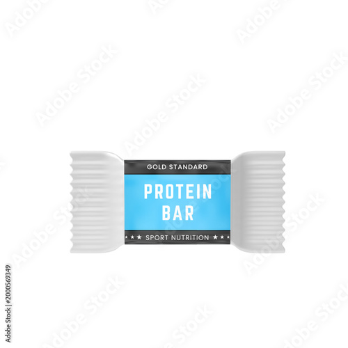 Protein bar package with white wrapper and label realistic 3D vector mockup, sport nutrition, supplement product
