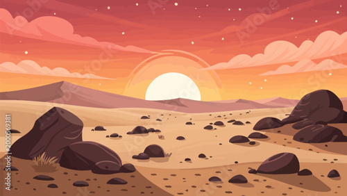 Desert landscape with sand dunes and rocks under a sunset sky with stars