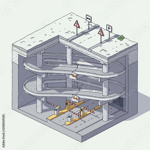 Cross section of a multi-level underground parking garage with ramps and signs.