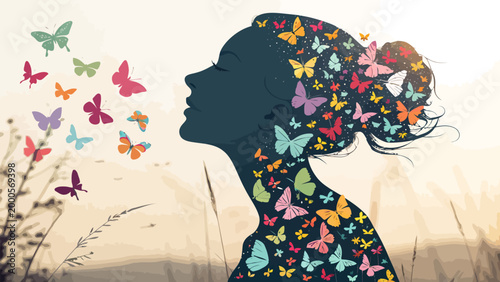 Silhouette of a womans profile with colorful butterflies emerging from her hair and flying away