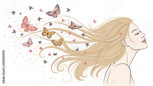 Beautiful woman with long blonde hair and butterflies