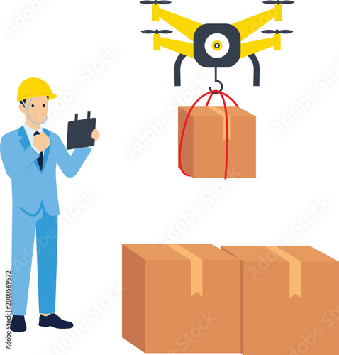 A courier operates a delivery drone using a remote control while standing near a stack of packages. Concept of drone shipping and smart futuristic logistics in a flat vector style


