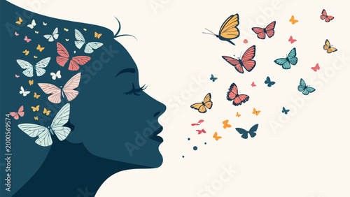 Profile of a woman with butterflies in her hair and flying away