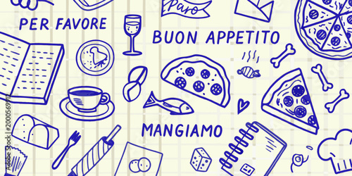 hand drawn illustration of italian food items on checkered background high quality professional detailed modern