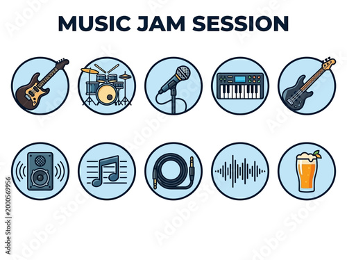 Guitar Drums Microphone Keyboard and Audio Symbols for Music Jam Session