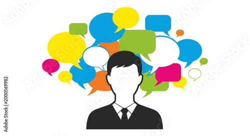 Man with speech bubbles thought.